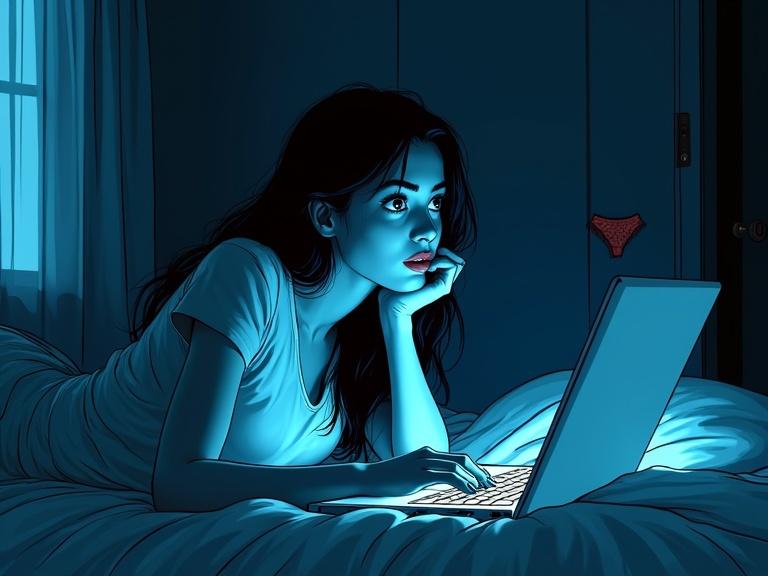 Woman lies on a bed in a dimly lit bedroom. Blue glow from laptop highlights her face. She looks fascinated, hand on chin. Red panty hangs on door handle. Soft breeze makes curtains move. Cinematic and intimate mood. Clean lines with shading to enhance detail.