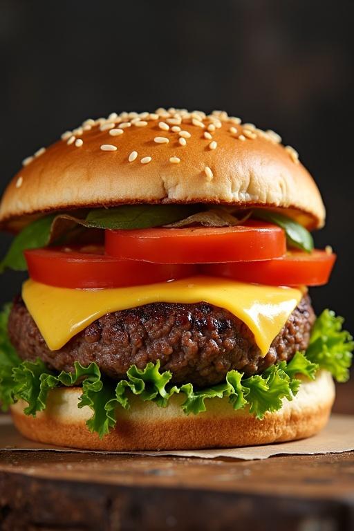 A delicious burger features a juicy mince patty. Topped with melted cheese, fresh lettuce, and ripe tomatoes. The sesame bun adds a classic touch. Pineapple pieces can be considered.
