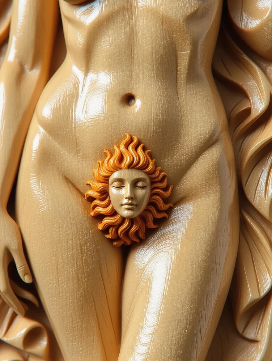 Closeup relief of a nude woman hips. Perfectly carved wooden pubic hair. Wood carving style. Ultra-realistic details.