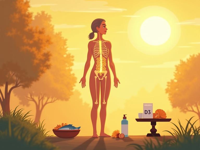 Central figure of a middle-aged woman outdoors on a sunny day with arms outstretched. Silhouette reveals strong internal bone structure. Sunlight radiates soft beams of light creating glowing Vitamin D molecules in her body. Visual representation of digestive system with calcium particles moving through the intestines. Vitamin D molecules unlock gates for calcium passage into bloodstream. Visible skeleton with one side showing healthy bones filled with calcium and the other with thinner, weaker bones. Sources of Vitamin D around her include fortified cereal and milk, fatty fish, eggs, mushrooms, a supplement bottle labeled D3, and a calendar for midday sun exposure. Balance beam symbolizes sunlight and nutrition vs strong bones and muscles. Emotionally uplifting and empowering style with soft lighting transitions. Clean, modern, semi-realistic illustration.