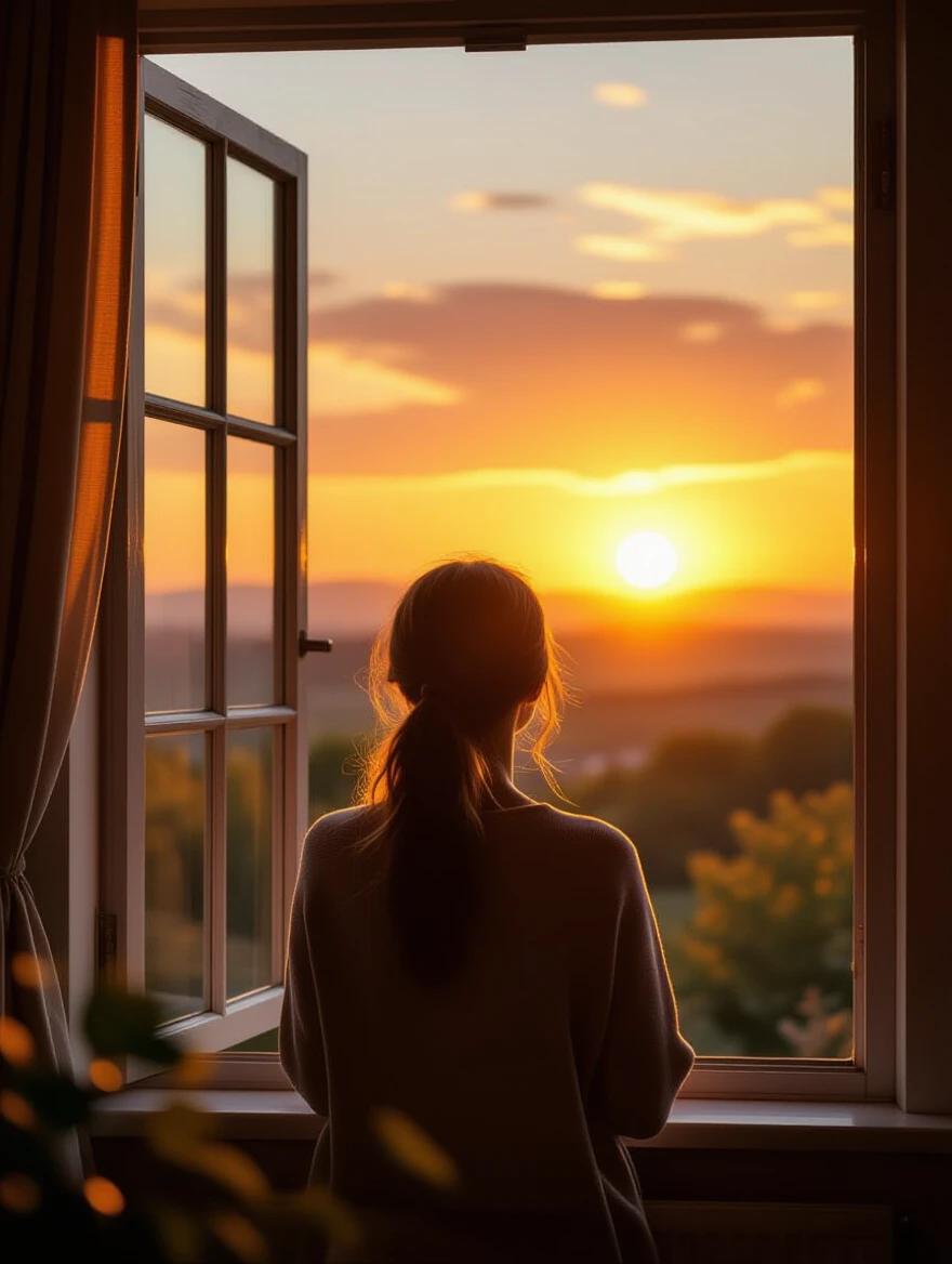 Person enjoys a beautiful sunset landscape through a window. Silhouette visible. Background captures golden light. Scene evokes a dreamy expression. Natural backlighting enhances the mood. Warm colors dominate the image. Cinematic composition highlights the moment.