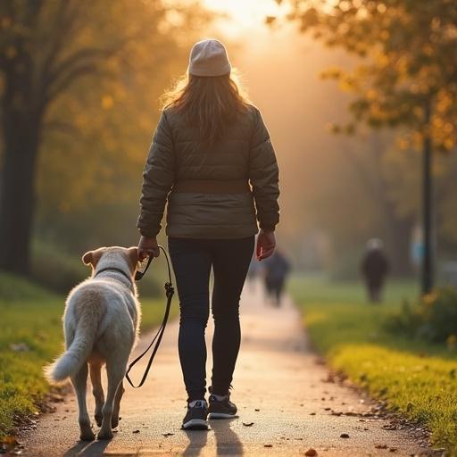Image depicts a dog walker during golden hour. Soft sunlight filters through trees. Person walks a dog along a path. Autumn scenery with fallen leaves.