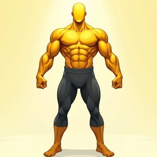 Full-body illustration of a muscular male superhero. Features golden-yellow skin and a smooth, featureless mask. Defined muscular build with visible abs. Wearing dark gray athletic pants. Arms fully stretched out in a T-Pose. Legs straight and feet visible. Center character in ample space. Use a plain or gradient background. Comic book style with clean lines and bold shading.