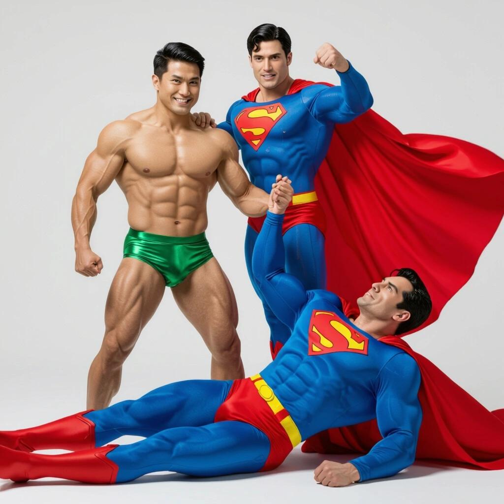 Powerlifter in shiny green briefs stands over Superman in a suit with red briefs. Two male figures show different poses. Bright studio background highlights colors.
