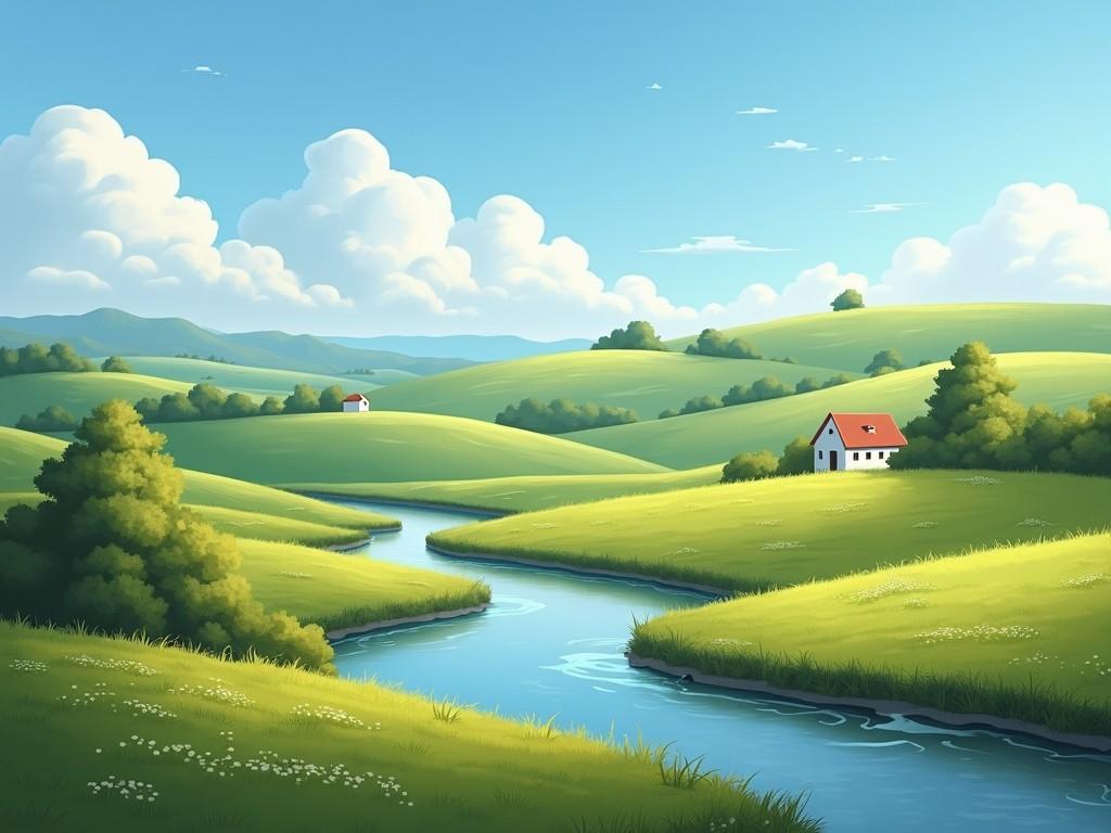 This digital illustration depicts a serene rural landscape, characterized by rolling green hills and a gently winding river. A quaint white house with a red roof stands amid lush greenery, providing a focal point that accentuates the calm and peaceful setting. The sky is a clear blue, dotted with fluffy white clouds, enhancing the idyllic nature of this countryside scene.