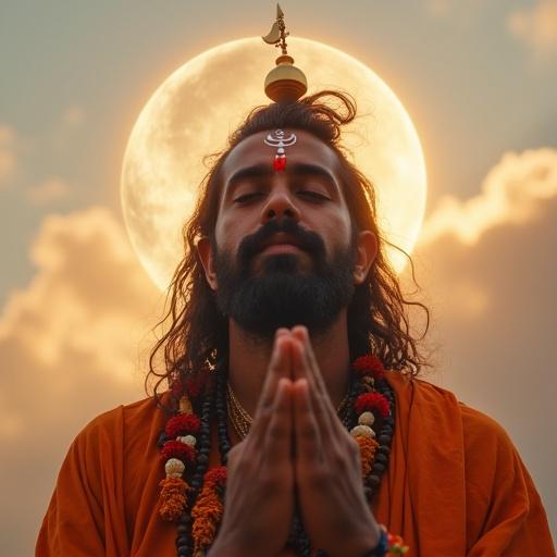 Close-up portrait of a Kanwariya in saffron clothes with red tilak. Eyes closed in prayer, hands raised. Calm face radiates devotion. Soft golden light surrounds him. Kavad across shoulders with bells and marigolds. Ethereal symbols of Trishul and crescent moon in background. Blurred soft clouds and warm hues create sacred aura.