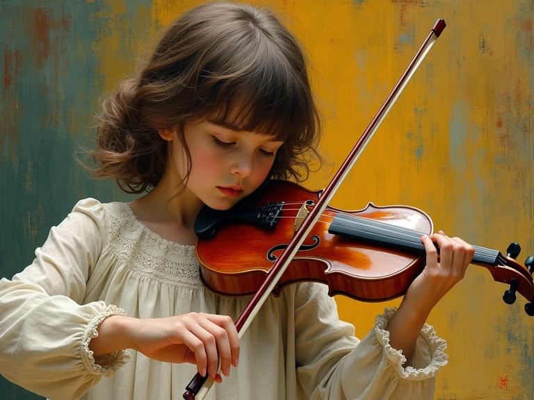 A young girl engages with a violin. She embodies joy and concentration as she plays. Softly textured brushstrokes create depth. The background has warm and cool colors blending seamlessly.