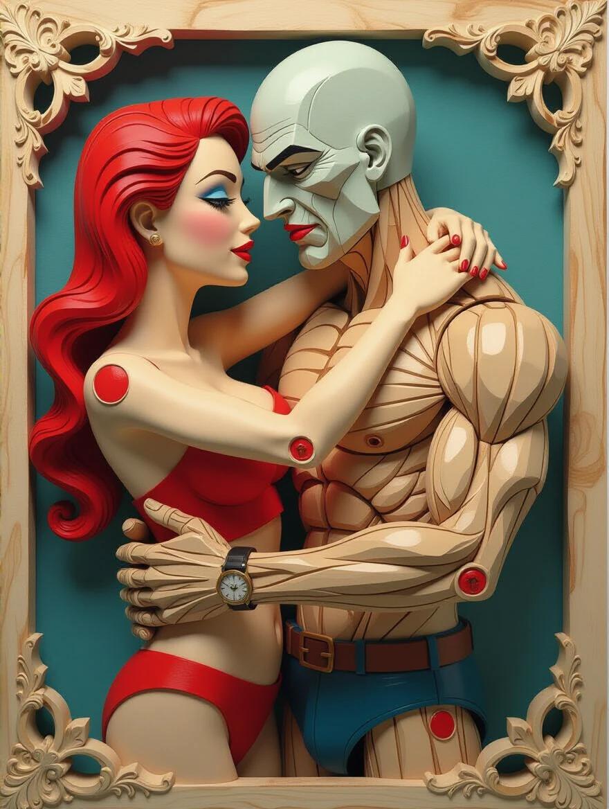 3D uncensored wooden marionette puppet embracing a muscular man in a whimsical style. Detailed with vibrant colors and intricate design. Inspired by the art of Howard Finster and others. Represents adventure and storytelling.