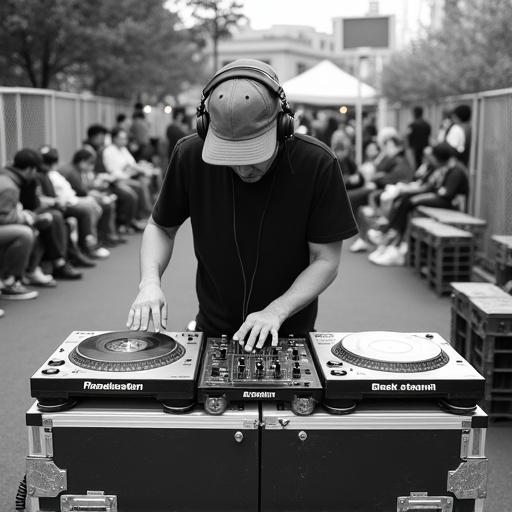 DJ performing outdoors at a community event. Wearing headphones and a bucket hat. Leaning over a professional DJ setup. Two turntables and a mixing board. Hands actively working equipment. Focused concentration. Casual street-level setting. People sitting on benches in the background. Chain-link fencing visible. Plastic crates near DJ booth. Grassroots neighborhood atmosphere. Shot in documentary style with natural lighting. High contrast black and white photography.