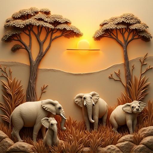 Embossed 3D artwork depicting African animals and trees. Focus on elephants in a natural setting with a sunset in the background. Warm colors create a harmonious atmosphere.