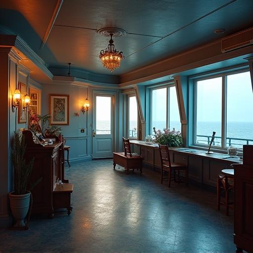 Light room inside a lighthouse. Features large windows and ocean view. Warm lighting and coastal decorations. Comfortable seating area. Beautifully designed space with natural light.
