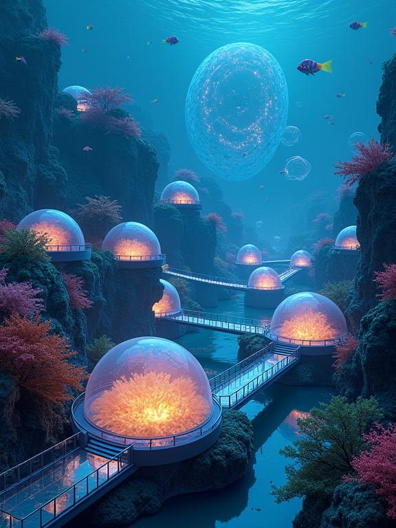 A neighborhood in a glowing coral city features translucent domes on coral hills. Glass walkways supported by jellyfish glow at night. Schools of colorful fish swim in the background.