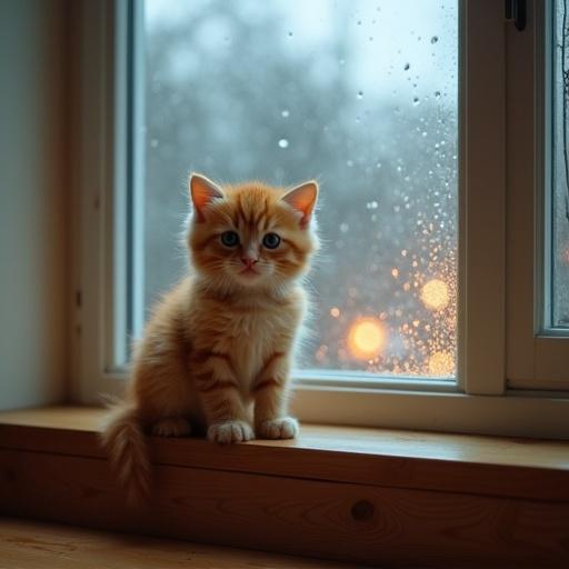 Small fluffy ginger kitten on a wide wooden windowsill in a bright, empty room. Kitten looks at camera with sad, expressive eyes and big round pupils. Heavy rain falls outside large window with droplets streaming down glass. Room has light-colored walls and hardwood floors. Warm lighting illuminates kitten's fur, contrasting with cold outdoor haze. Style is hyper-realistic with cinematic depth of field emphasizing emotional gaze.