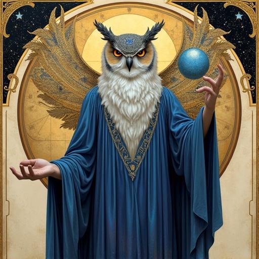 A full-body vertically framed Art Nouveau oil painting of Stolas the Goetian Prince. Depicts a regal owl-man in flowing indigo and violet robes. Features an owl's head with delicate horns. Background includes feathered wings and a circular halo of star maps. One hand holds a spinning brass armillary sphere while the other gestures as if sharing wisdom. Mystic lighting creates an otherworldly mood. Ornate gold borders frame the parchment background.