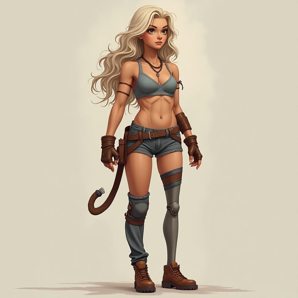 A girl stands confidently. She has a prosthetic leg. She wears a bikini top and high-waisted shorts. Accessories include fingerless gloves and brown boots. Long blonde hair flows. A tail-like detail appears on her shorts. The background is light beige with a neutral tone.