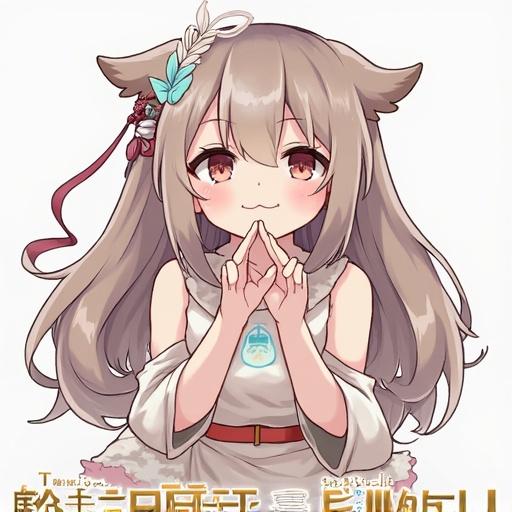 Create a cheerful and vibrant atmosphere. Focus on a cute anime character with a joyful expression. The character has long hair and is wearing a light outfit. Use pastel colors to evoke a feeling of happiness.