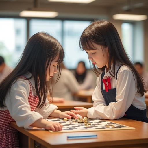 Photo of Japanese girls engaging in a game of Go in a bright classroom. Two girls are focused on the game board, showcasing their concentration and interaction in a friendly environment.