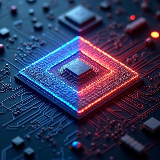 High-detail comparison of integrated circuits. Left side shows normal circuit in blue tones. Right side shows Trojan-infected circuit in red tones. Diagram highlights hidden trigger modules and redundant connections. Sci-fi aesthetic with emphasis on key differences.