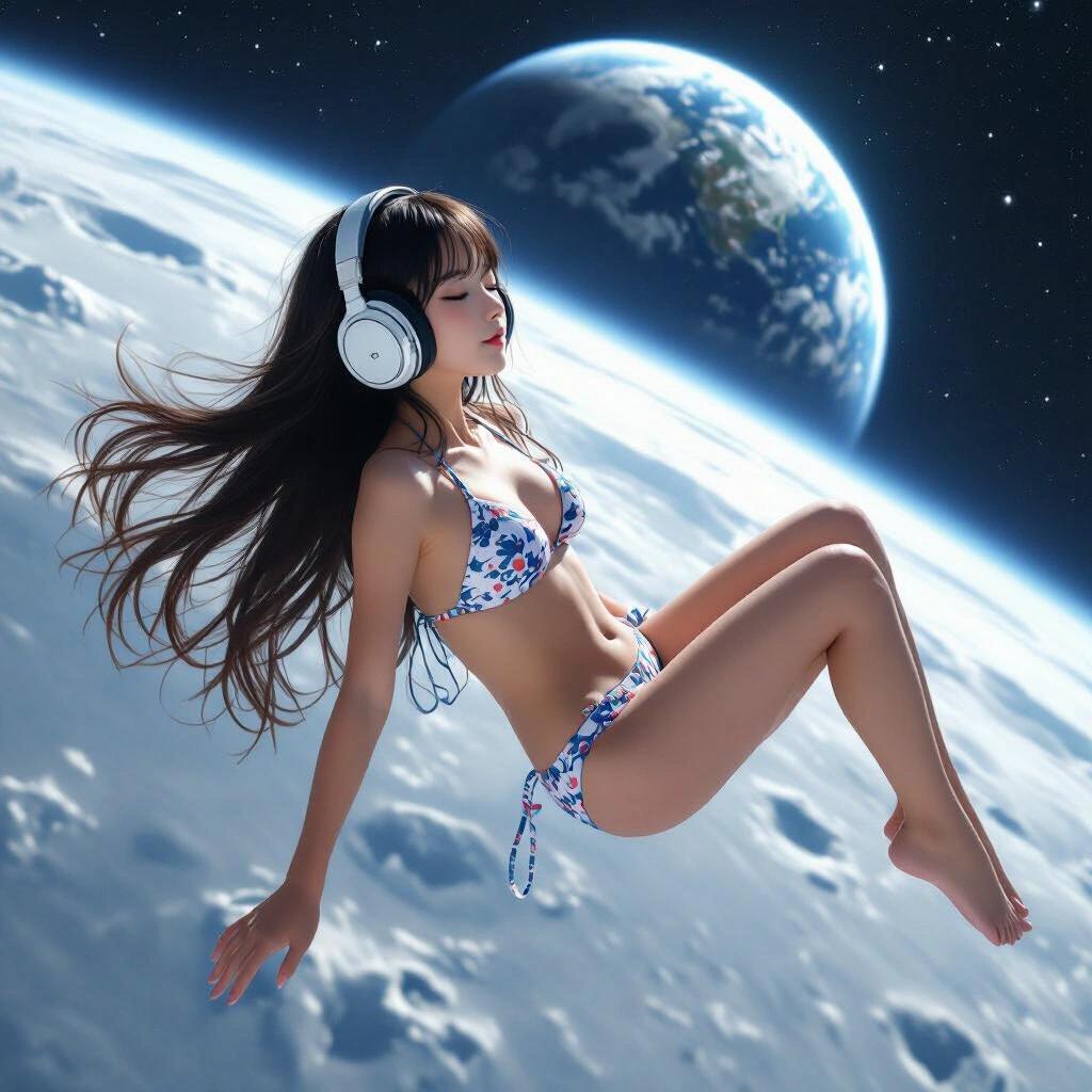 Teen girl with long hair wearing bikini in fetal position with closed eyes. Oversized headphones on head, flying above moon surface. Feet and body off the ground in zero gravity, planet Earth visible in the background.