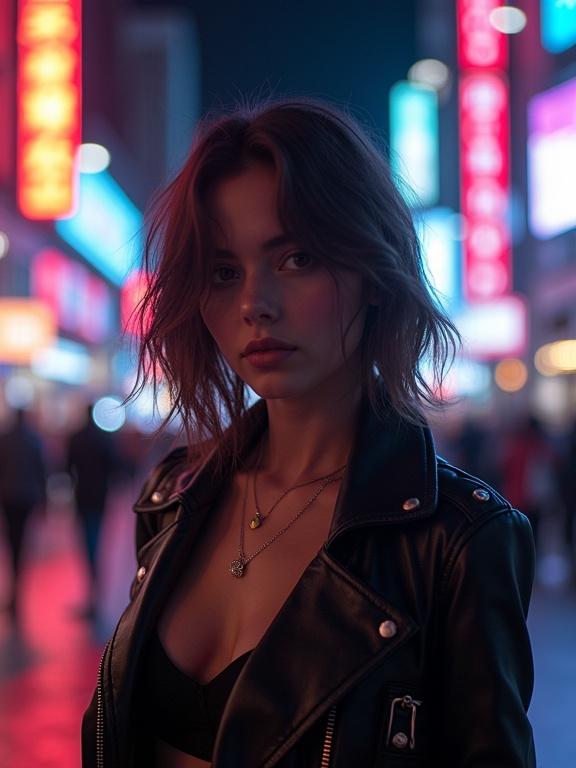 A fashionable woman stands in a busy city street at night. Neon lights glow in the background creating a vibrant atmosphere. The woman wears a chic leather jacket and layered necklaces. The scene captures the essence of modern urban life.