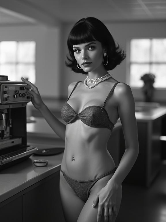 Black and white image of a vintage female office worker. She poses in a break room by a coffee maker. Hair is shiny dark with bangs. Wearing a tiny bikini, pearl necklace, and hoop earrings. Features evocative makeup. Light illuminates her face. Reflects mod 1960s style.