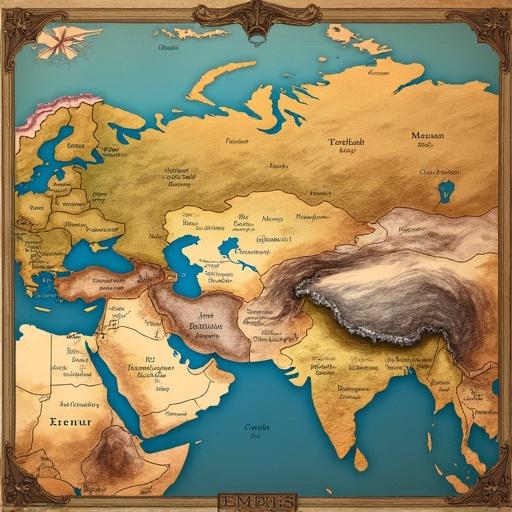 Political map of a sprawling empire. Map showcases vast territories, provinces, and major cities. Vintage parchment-like texture. Elegant, hand-drawn borders. Stylized compass rose included. Different regions with subtle color variations and labeled with ornate font. Key geographical features such as mountain ranges, rivers, and coastlines are prominent.