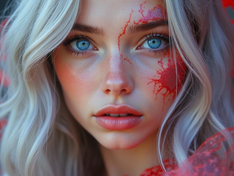 A young female with long wavy silver hair and vivid blue eyes. Features red stripes along the hair and face, with patches of red resembling stained glass.