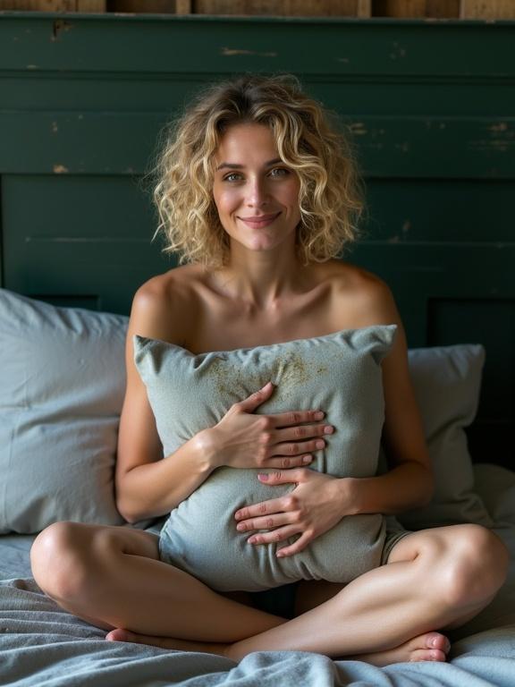 Photograph capturing a candid moment of a nude woman with curly blonde hair sitting cross-legged on a mattress. She hugs a dirty pillow, looking at the camera. The composition features her expressive face, soft textures, and a contrasting dark green headboard. Minimal color emphasizes her natural skin tone. Soft lighting highlights her features and adds depth.