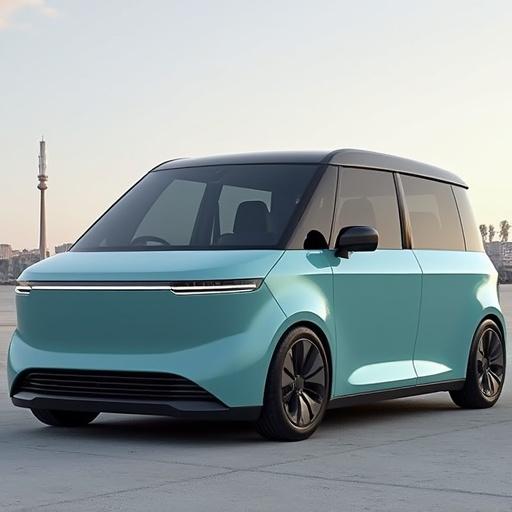 A retro-modern electric vehicle parked in an urban setting. The car features a rounded silhouette with a floating roof. It has flush door handles and a minimalist grille. The front side showcases advanced LED headlights. The rear view includes full-width LED taillights. The vehicle is colored teal with black accents.