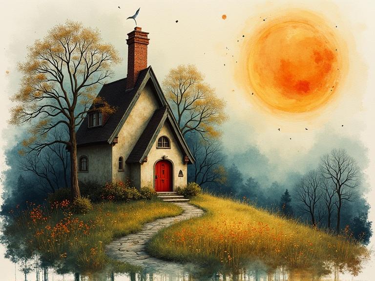 Cottage set in a scenic fantasy landscape. Surrounded by golden sunlight brightening the scene. Lush grass and trees frame the path to the home. Playful bird sits on the roof. Ample use of colors and artistic detail. Warm inviting appearance.