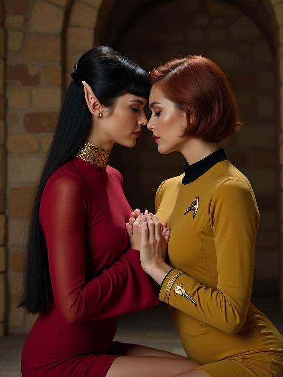 Photograph reminiscent of Star Trek with two women in an intimate moment set in a dimly lit medieval interior with stone walls and arches. The woman on the left is Vulcan with dark hair and a red uniform. The woman on the right has auburn hair and a yellow uniform. They are seated closely together conveying affection. Warm lighting enhances the atmosphere.