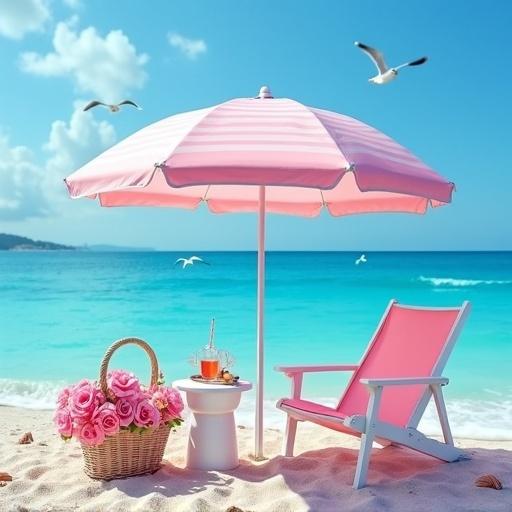 A beach scene with a blue ocean and white sandy shore. A pink and white striped umbrella provides shade. A white adirondack chair is placed beside a small table. A pink basket filled with roses is nearby. A glass of pink lemonade rests on the table. Seagulls fly in the clear sky. Bright sunlight enhances the colors of the scene.