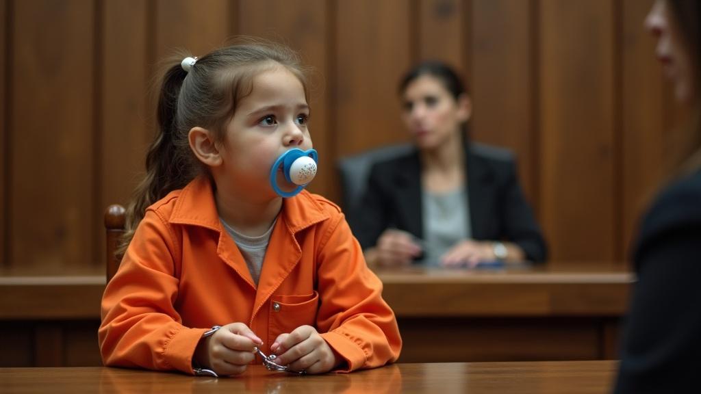 A young girl acts as a prisoner wearing a bright orange jumpsuit with handcuffs. She appears emotional and is holding an oversized pacifier. A woman is seated nearby acting as the judge. The room has wooden panels creating a realistic courtroom environment.