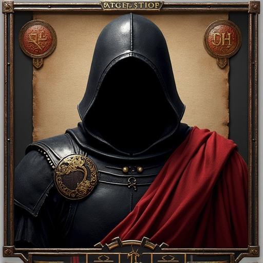 Game UI icon in Europa Universalis IV style. Represents Roman imperial secret police. Features black Roman-style armor with gold details. Shadowy figure with covered face. Background includes scrolls and seals of authority. Dark moody color palette with rich blacks and muted reds. Designed to match in-game icon style for assigning state orders.