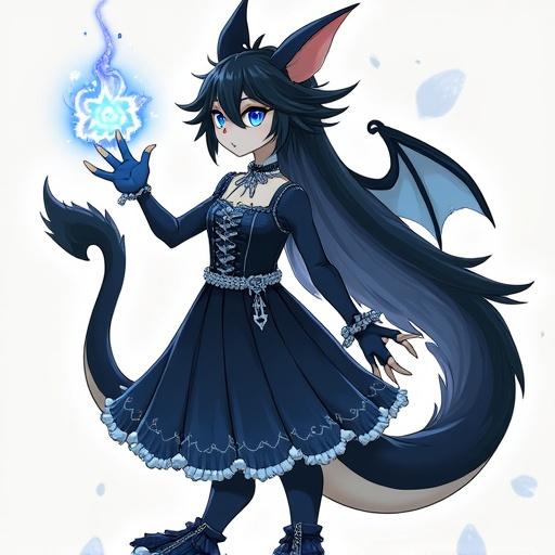 A mystical girl with dragon characteristics stands proudly. She holds a glowing blue orb in one hand. The girl has black hair and wears an elegant, dark dress. She has dragon wings and a tail, adding to her enchanting appearance. The background is subtle to emphasize her figure and the blue flame.