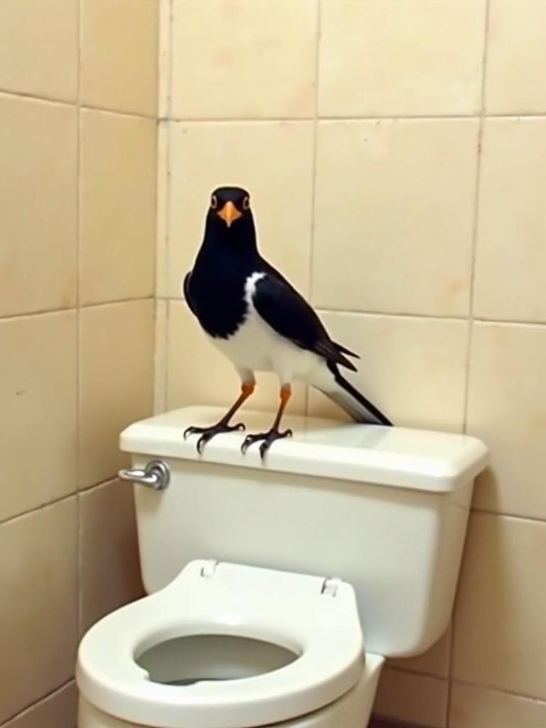 A bird perches on the edge of a toilet bowl. It is inside a bathroom with light-colored walls and beige tiles. The scene is humorous and unexpected. The bird is black and white with an orange beak. It stands curiously on the toilet.