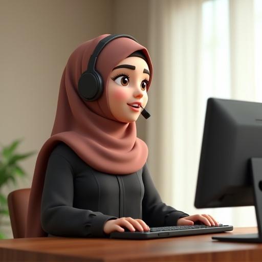 3D character of a modest Muslim woman wearing a hijab and headset while engaged in customer service. Disney Pixar animation style, smiling and appearing to communicate with customers.