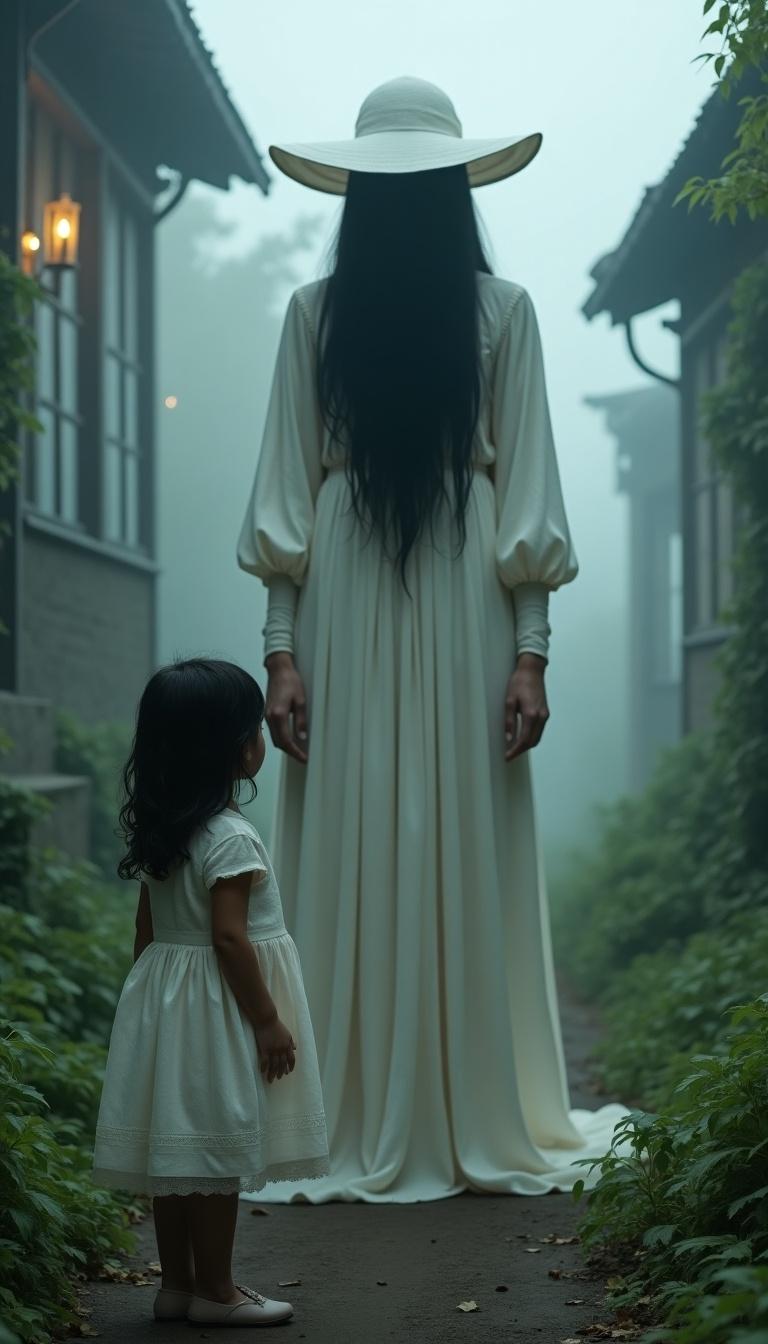 In a quiet, misty village, a young girl stands bravely before a towering figure resembling a woman. The figure wears a flowing, translucent gown, with long black hair cascading down and a wide-brimmed white hat obscuring her face. The girl looks up curiously, her hands raised as if speaking or pleading. The surrounding area is lush with greenery, creating a serene yet eerie atmosphere. This scene captures a moment of curiosity and fear, set in dim, ethereal light.