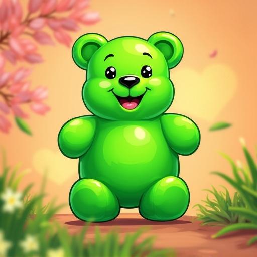 Cartoon green gummy bear. Vibrant background with soft pink flowers and light green grass. Appealing cartoon style.