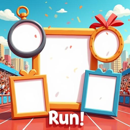 Bright and joyful Pixar-style photo collage template. Theme focused on marathon event. Five uniquely shaped and arranged photo frames in a 2-1-2 formation. Top frames shaped like a running shoe and stopwatch. Center frame shaped like a racing bib. Bottom frames shaped like a medal and wavy running path. Background colorful with Pixar-style skyline. Blue skies and clouds. Scattered confetti and happy crowds. Bold Pixar-style title 'Run!' at bottom center.