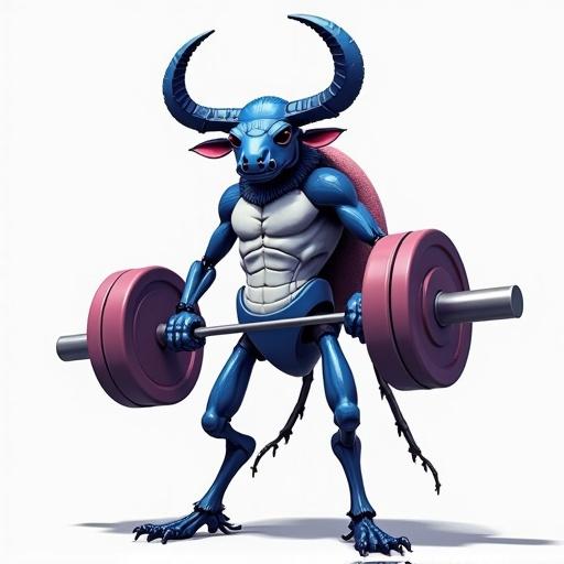 3D drawing of a hybrid between man and dynastes taurus beetle. Figure has human legs and feet. Character lifts bodybuilding weights. Design features various shades of blue, purple, white, gray and a bit of pink.