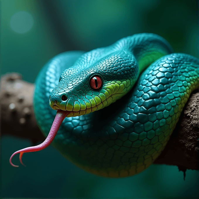 A vibrant green snake with orange eyes and a forked tongue perched on a branch.