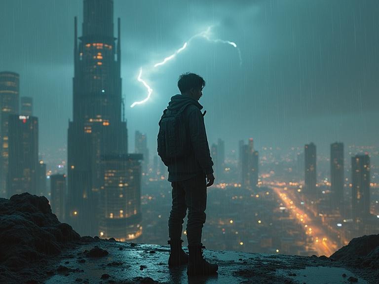 A young man with futuristic clothes stands on a high rise corporate megastructure rooftop at night in the rain. Buildings surround him while barren land stretches to the horizon outside a massive glass dome. Gritty texture and cinematic composition with volumetric lighting.