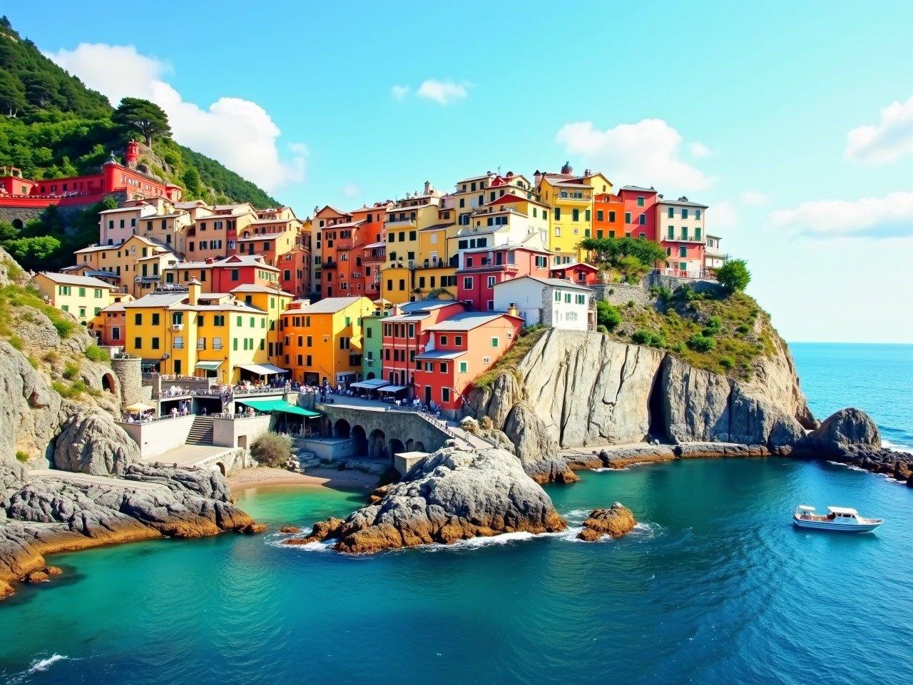 The image shows a picturesque coastal village built on rocky cliffs. The buildings are painted in vibrant colors like yellow, orange, and green, giving a cheerful appearance. The architecture features domed roofs and tall spires, adding to the charm of the scene. The clear blue sea is visible at the bottom, with gentle waves lapping against the rocks. A small boat is seen in the distance, enhancing the serene atmosphere. The sky is bright with soft clouds scattered about, suggesting a beautiful day.