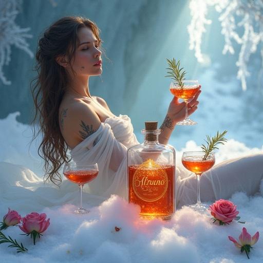Goddess with delicate tattoos holds cocktail glass. Flowing white wrap drapes elegantly. Bottle labeled 'ALFRUNO' radiates glow. Shimmering elixir in ice cave. Roses and rosemary add accents. Scene in soft light, evokes tranquility and magic.