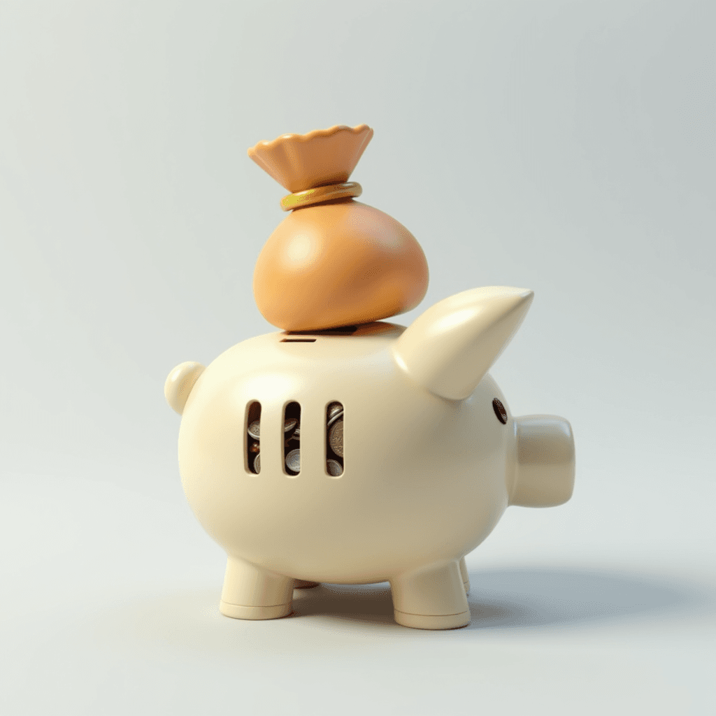 A piggy bank with a bag of coins sitting on top, symbolizing savings and wealth.