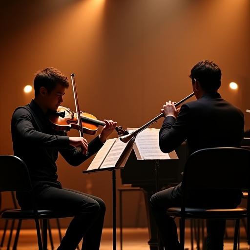 A photorealistic image of a violin, trumpet, and piano in a concert hall at dusk.
