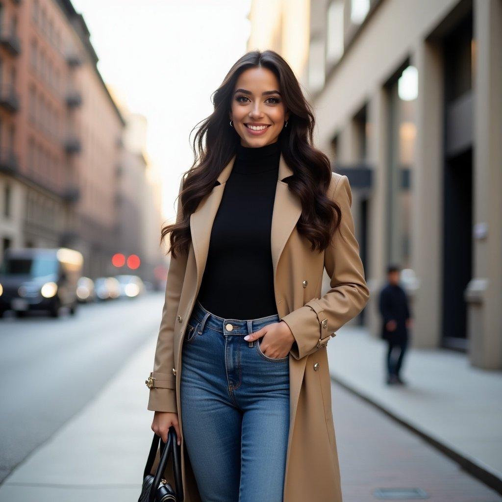 Young influencer poses on city street. She has hazel eyes and dark hair in curls. Wearing a beige trench coat over a black turtleneck and high-waisted jeans. Holds a designer handbag. Urban setting with blurred buildings and soft sunlight.