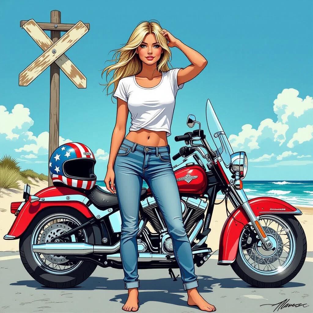 Blonde girl stands barefoot at the beach beside a red motorcycle. She wears a wet white shirt and short jeans. Left hand on a stars and stripes helmet on motorcycle seat. Right hand strokes through her hair. Scene captured in comic-book style with heavy outlines.