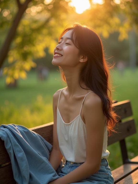 Photorealistic portrait of a serene Asian woman in a park. She sits on a bench, eyes closed, smiling. A folded blue shirt beside her. The background is softly blurred, with warm golden light shining through the trees. The image has a peaceful and relaxed mood.